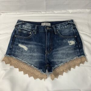 Free People Blue Jean Shorts with Tan Lace Trim